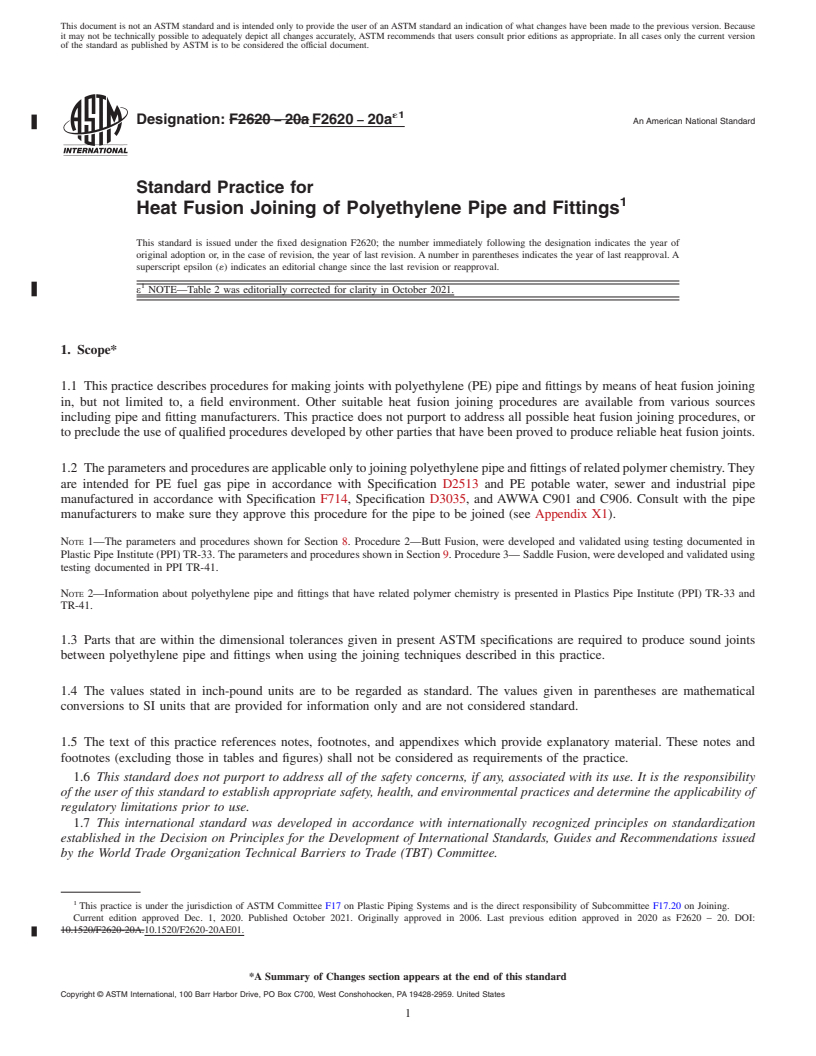 REDLINE ASTM F2620-20ae1 - Standard Practice for Heat Fusion Joining of Polyethylene Pipe and Fittings