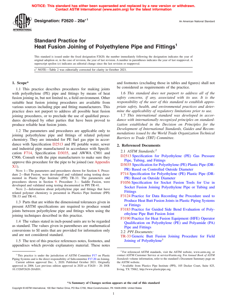 ASTM F2620-20ae1 - Standard Practice for Heat Fusion Joining of Polyethylene Pipe and Fittings