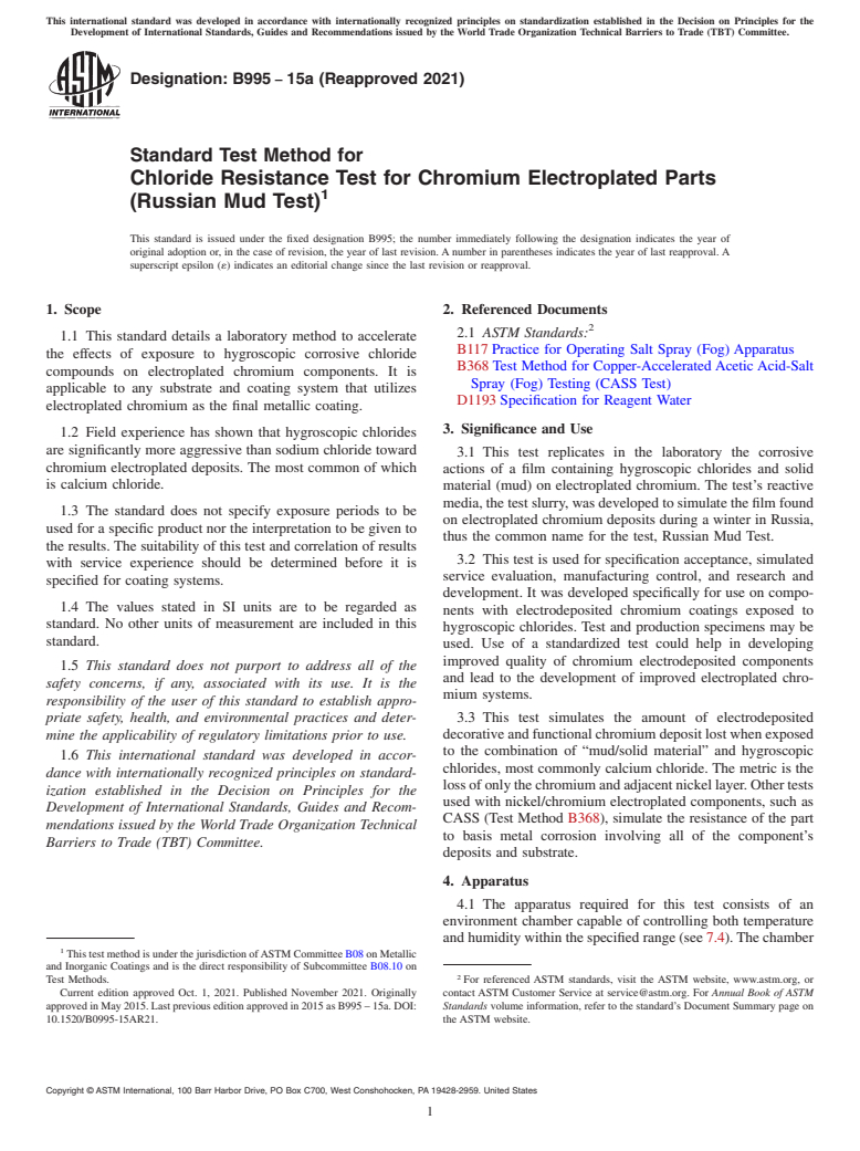 ASTM B995-15a(2021) - Standard Test Method for Chloride Resistance Test for Chromium Electroplated Parts (Russian  Mud Test)