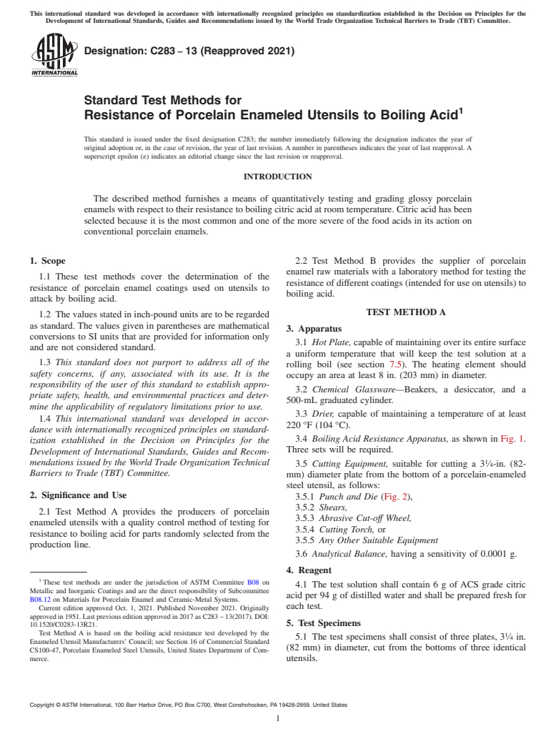 ASTM C283-13(2021) - Standard Test Methods for Resistance of Porcelain Enameled Utensils to Boiling Acid