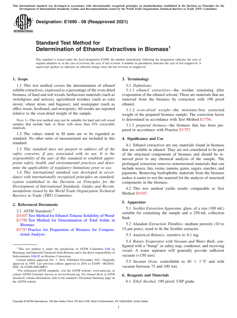 ASTM E1690-08(2021) - Standard Test Method for  Determination of Ethanol Extractives in Biomass