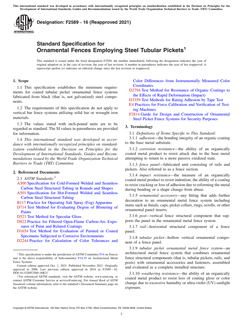 ASTM F2589-16(2021) - Standard Specification for  Ornamental Fences Employing Steel Tubular Pickets