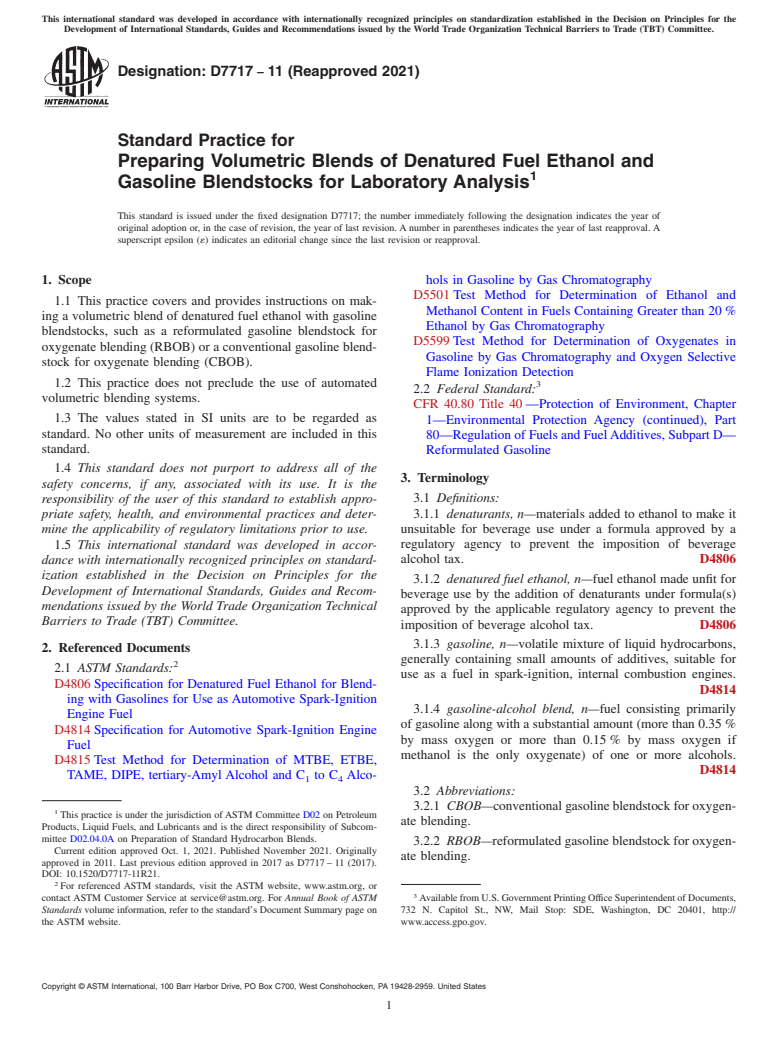 ASTM D7717-11(2021) - Standard Practice for  Preparing Volumetric Blends of Denatured Fuel Ethanol and Gasoline  Blendstocks for Laboratory Analysis