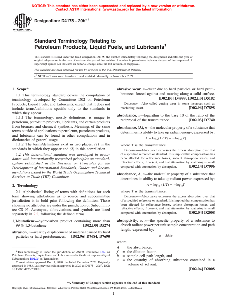 ASTM D4175-20be1 - Standard Terminology Relating to Petroleum Products, Liquid Fuels, and Lubricants