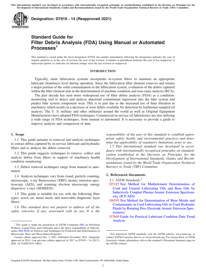 ASTM D7919-14(2021) - Standard Guide for Filter Debris Analysis (FDA) Using Manual or Automated Processes