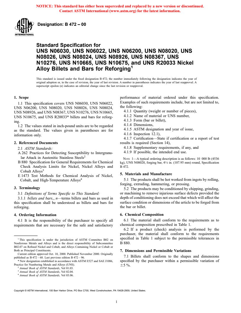 ASTM B472-00 - Standard Specification for UNS N06022,UNS N08020, UNS N08026, UNS N08024, UNS N08926, UNS N08367, UNS N10276, UNS N10665, UNS N10675 and UNS R20033 Nickel Alloy Billets and Bars for Reforging