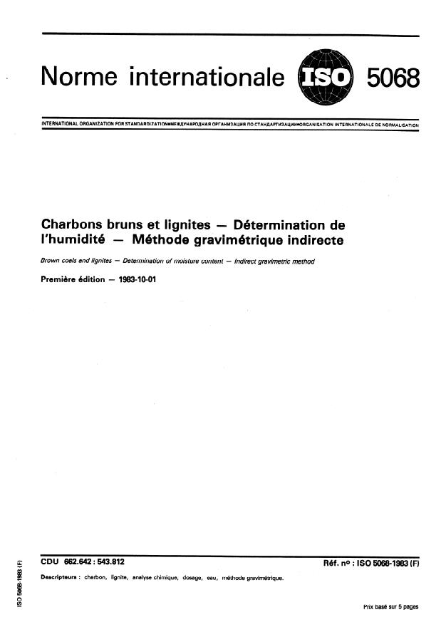 ISO 5068:1983 - Charbons bruns et lignites -- Détermination de l'humidité -- Méthode gravimétrique indirecte