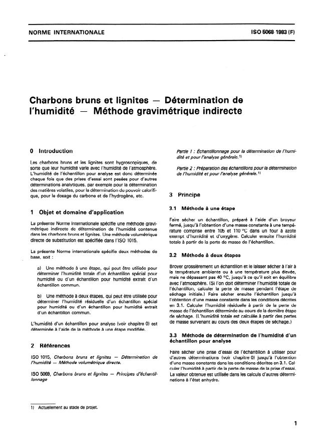ISO 5068:1983 - Charbons bruns et lignites -- Détermination de l'humidité -- Méthode gravimétrique indirecte