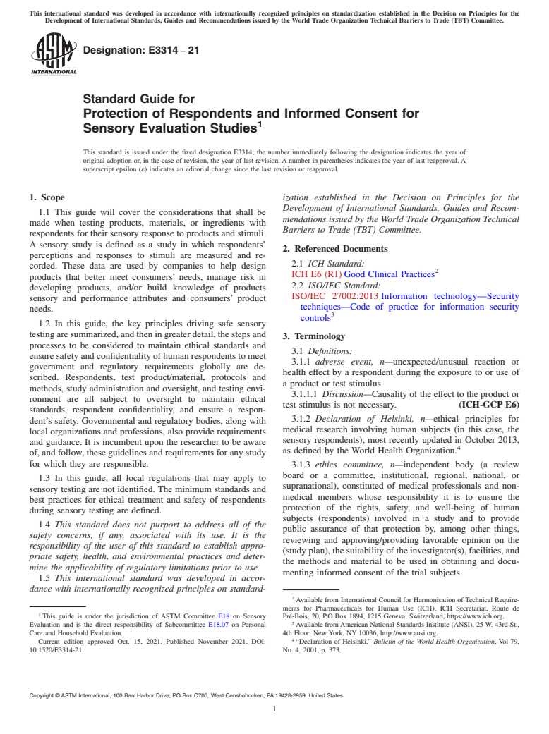 ASTM E3314-21 - Standard Guide for Protection of Respondents and Informed Consent for Sensory  Evaluation Studies