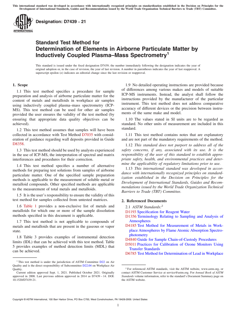 ASTM D7439-21 - Standard Test Method for Determination of Elements in Airborne Particulate Matter by  Inductively Coupled Plasma–Mass Spectrometry