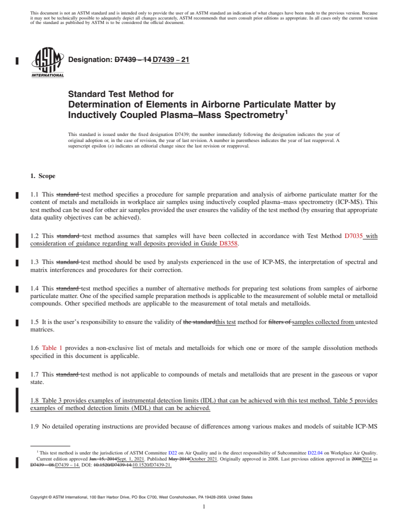 REDLINE ASTM D7439-21 - Standard Test Method for Determination of Elements in Airborne Particulate Matter by  Inductively Coupled Plasma–Mass Spectrometry