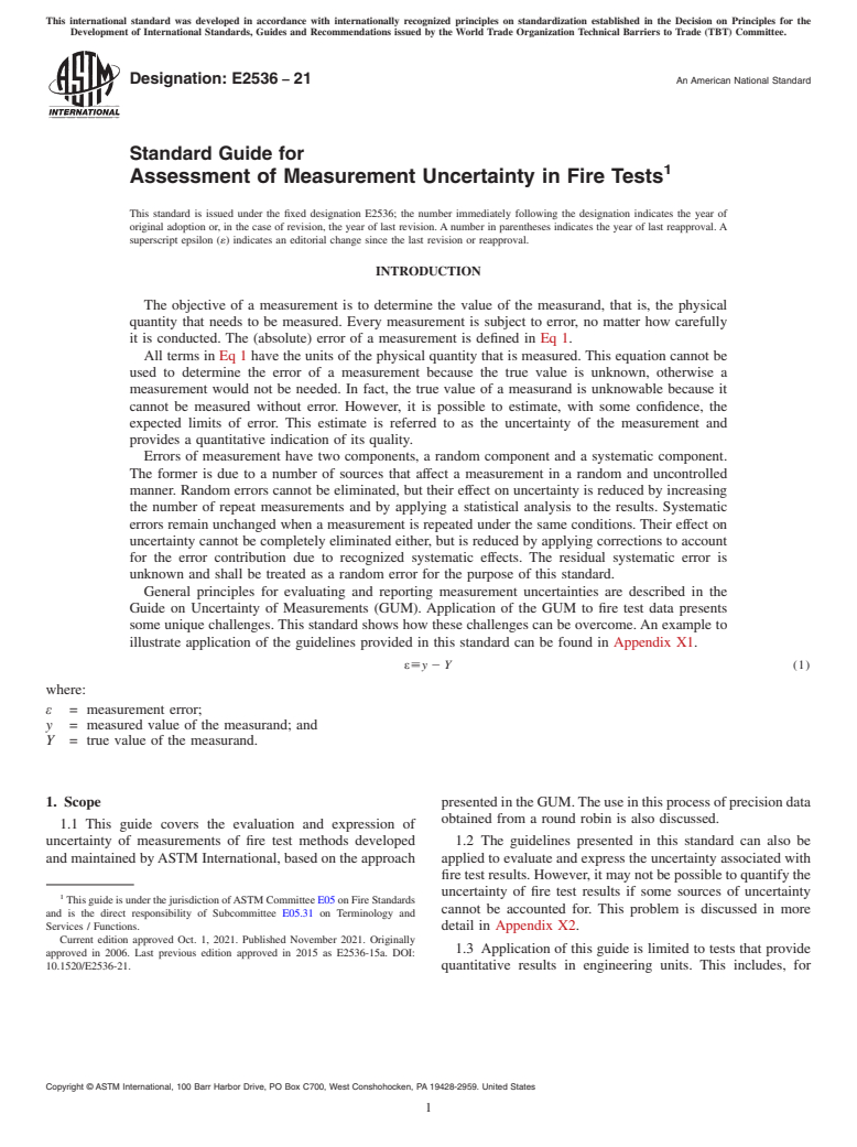 ASTM E2536-21 - Standard Guide for  Assessment of Measurement Uncertainty in Fire Tests