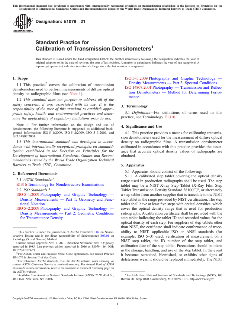 ASTM E1079-21 - Standard Practice for  Calibration of Transmission Densitometers