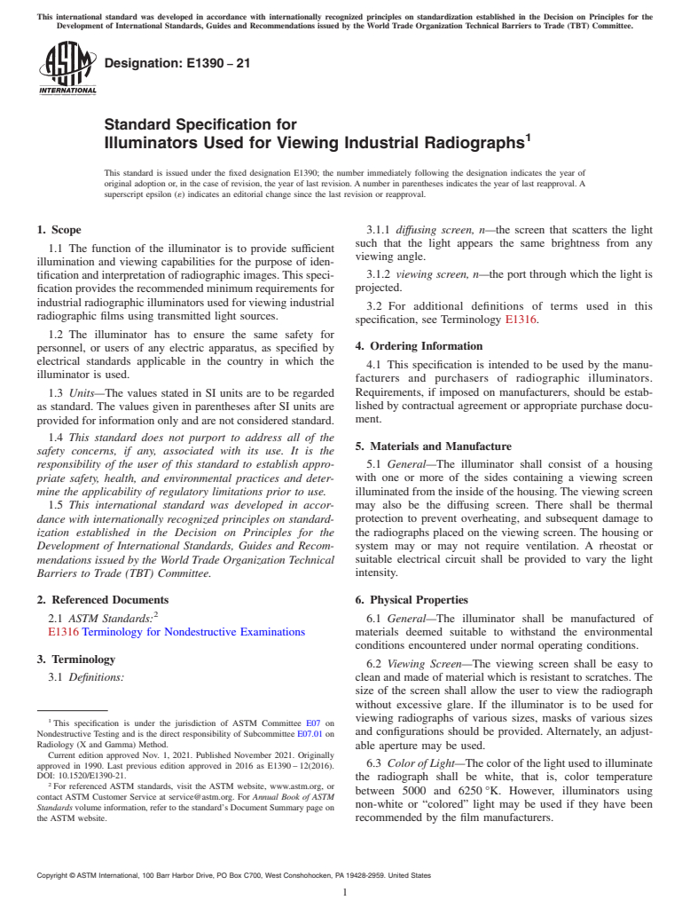 ASTM E1390-21 - Standard Specification for  Illuminators Used for Viewing Industrial Radiographs