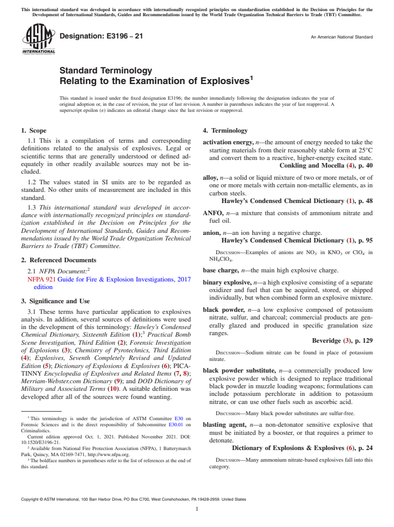 ASTM E3196-21 - Standard Terminology Relating to the Examination of Explosives