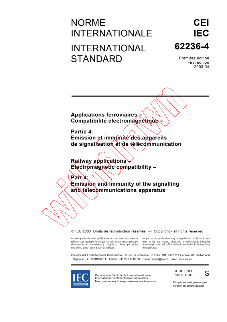 IEC 62236-4:2003 - Railway applications - Electromagnetic compatibility - Part 4: Emission and immunity of the signalling and telecommunications apparatus
Released:4/24/2003
Isbn:2831869358
