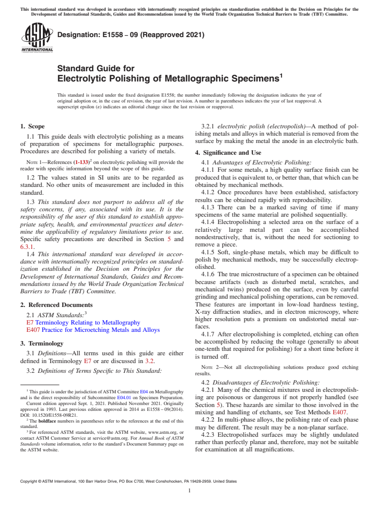 ASTM E1558-09(2021) - Standard Guide for  Electrolytic Polishing of Metallographic Specimens