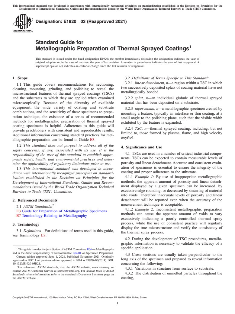 ASTM E1920-03(2021) - Standard Guide for  Metallographic Preparation of Thermal Sprayed Coatings