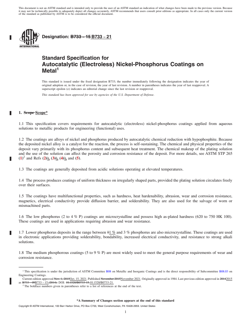 REDLINE ASTM B733-21 - Standard Specification for  Autocatalytic (Electroless) Nickel-Phosphorus Coatings on Metal