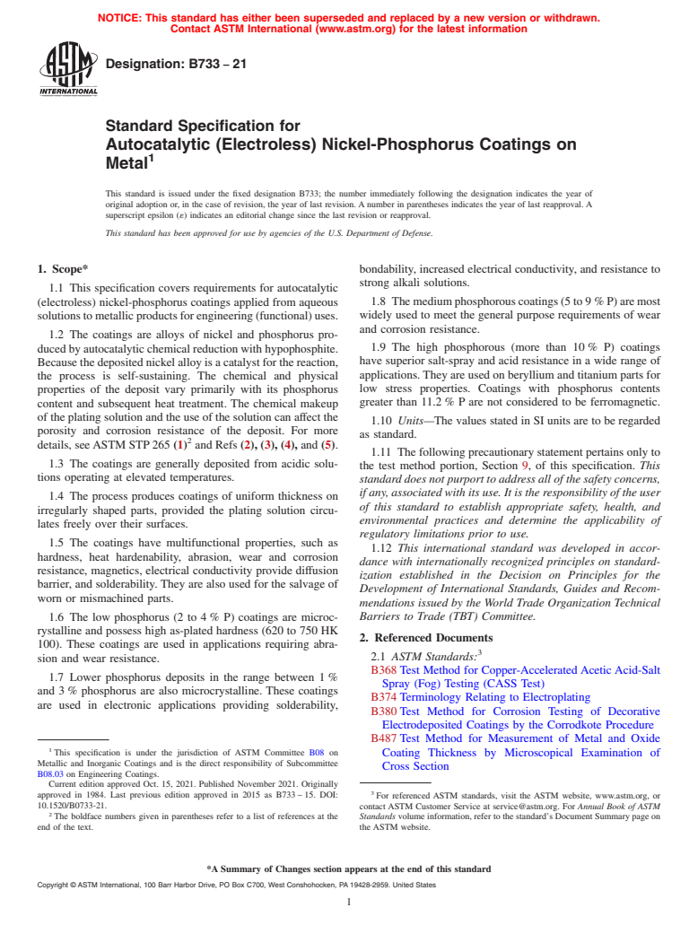 ASTM B733-21 - Standard Specification for  Autocatalytic (Electroless) Nickel-Phosphorus Coatings on Metal