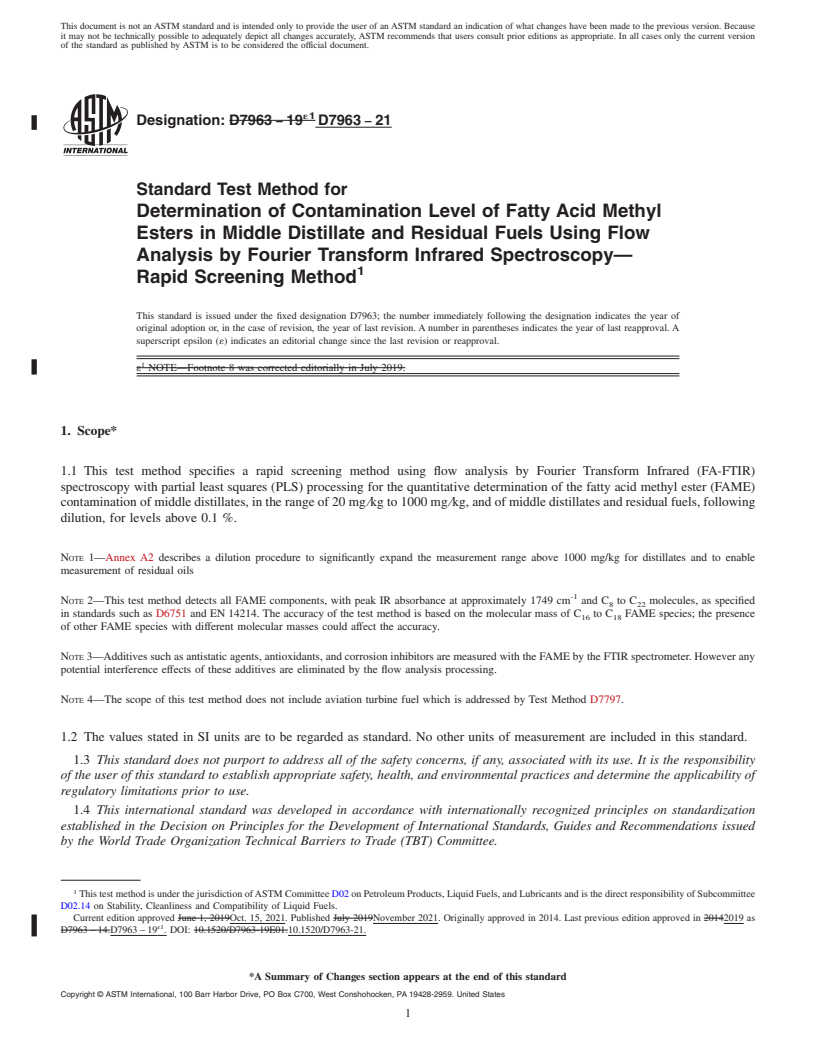 REDLINE ASTM D7963-21 - Standard Test Method for Determination of Contamination Level of Fatty Acid Methyl Esters  in Middle Distillate and Residual Fuels Using Flow Analysis by Fourier  Transform Infrared Spectroscopy—Rapid Screening Method