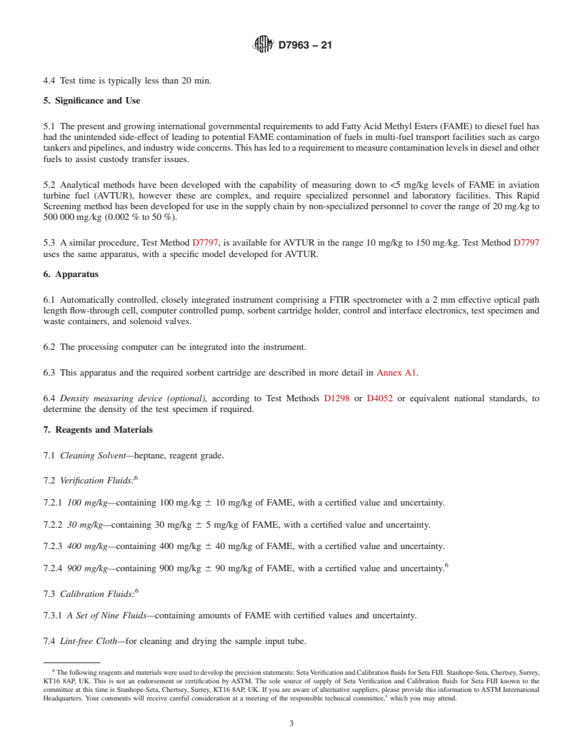 REDLINE ASTM D7963-21 - Standard Test Method for Determination of Contamination Level of Fatty Acid Methyl Esters  in Middle Distillate and Residual Fuels Using Flow Analysis by Fourier  Transform Infrared Spectroscopy—Rapid Screening Method