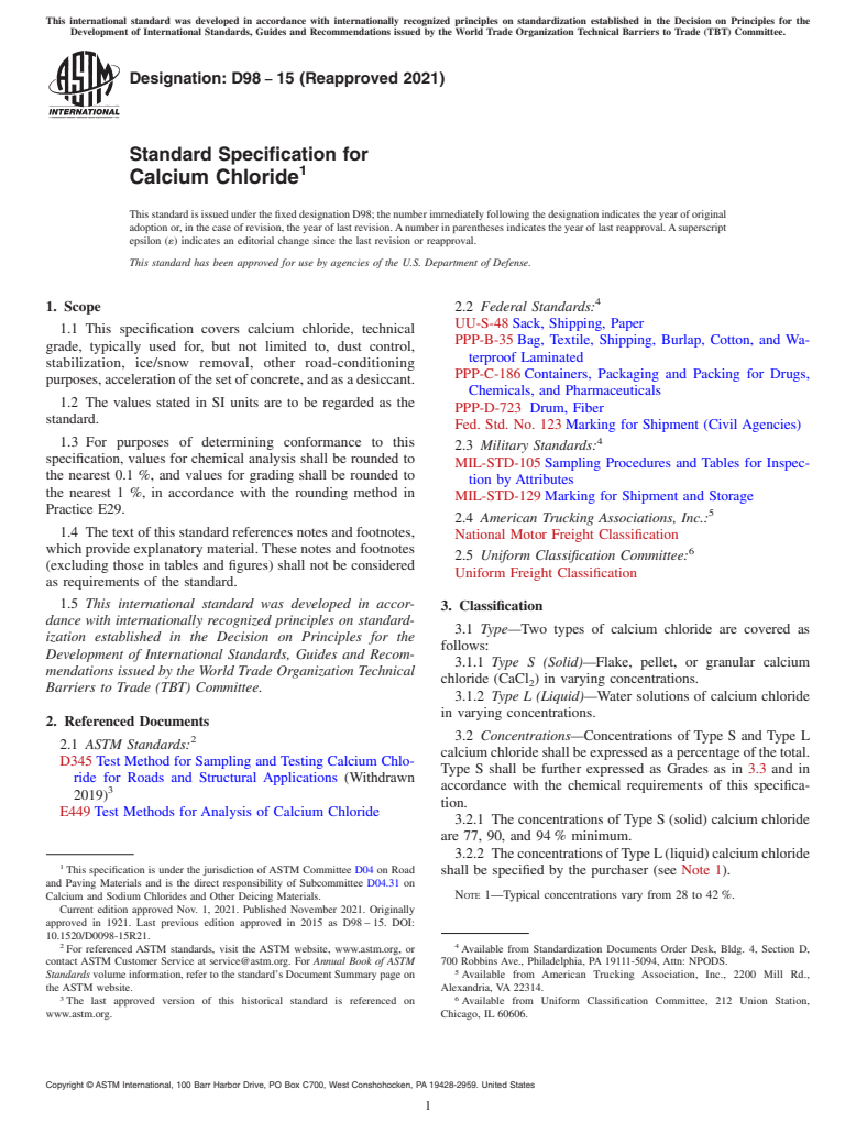 ASTM D98-15(2021) - Standard Specification for  Calcium Chloride