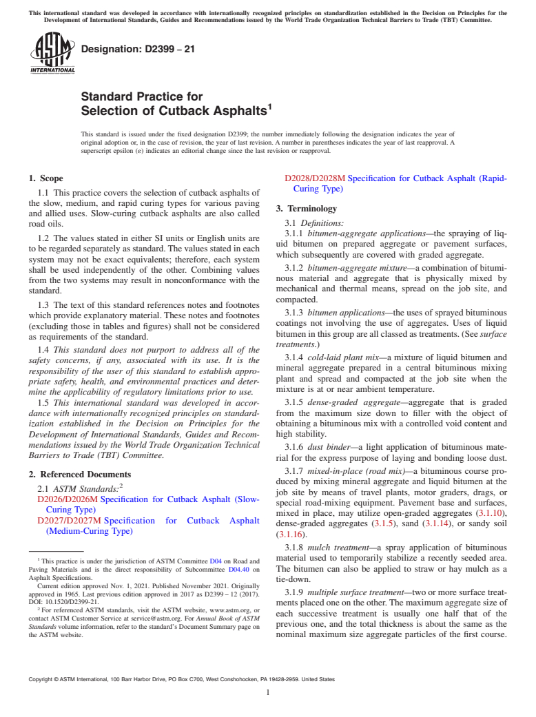 ASTM D2399-21 - Standard Practice for Selection of Cutback Asphalts