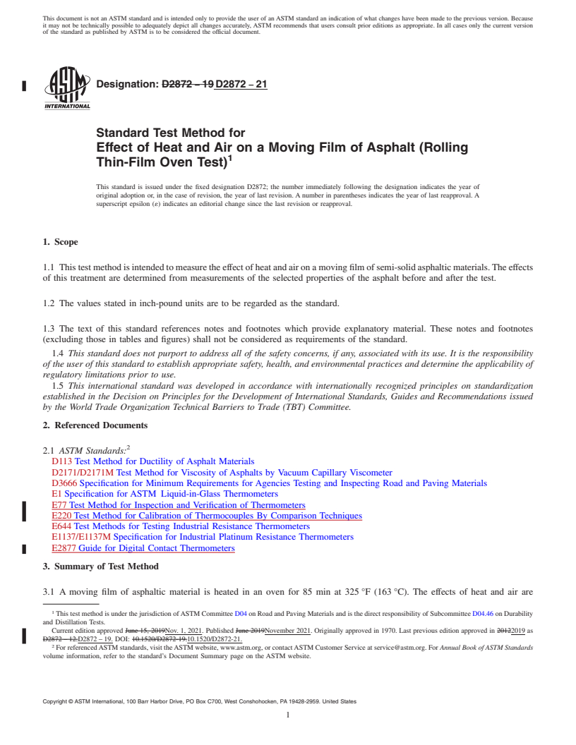 REDLINE ASTM D2872-21 - Standard Test Method for Effect of Heat and Air on a Moving Film of Asphalt (Rolling  Thin-Film Oven Test)