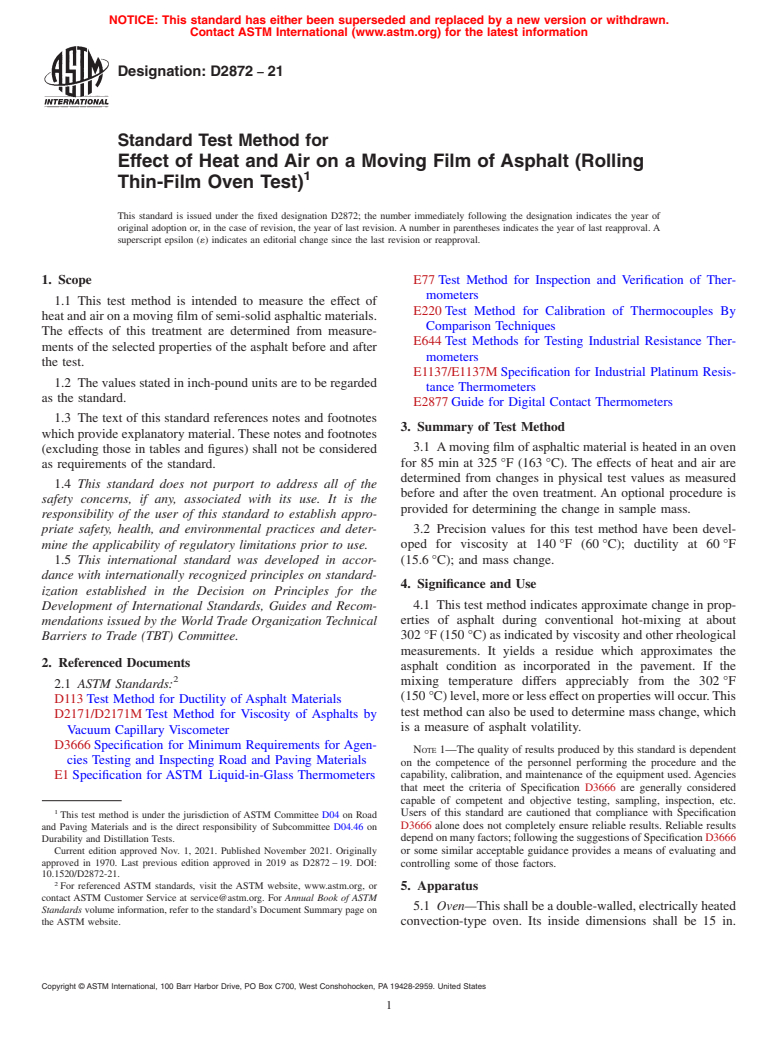 ASTM D2872-21 - Standard Test Method for Effect of Heat and Air on a Moving Film of Asphalt (Rolling  Thin-Film Oven Test)