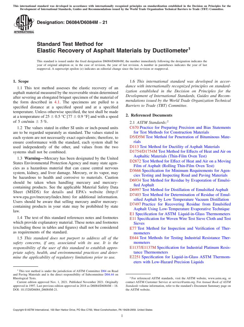 ASTM D6084/D6084M-21 - Standard Test Method for Elastic Recovery of Asphalt Materials by Ductilometer