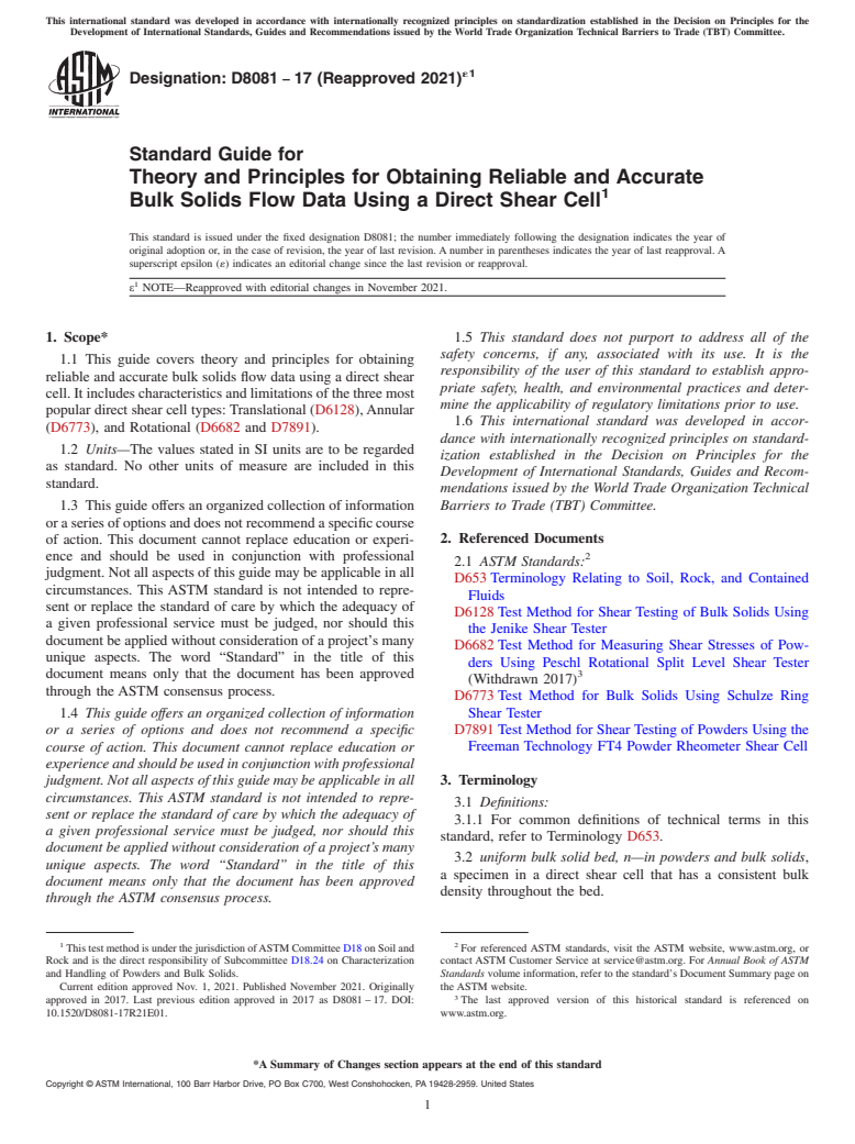 ASTM D8081-17(2021)e1 - Standard Guide for Theory and Principles for Obtaining Reliable and Accurate Bulk  Solids Flow Data Using a Direct Shear Cell