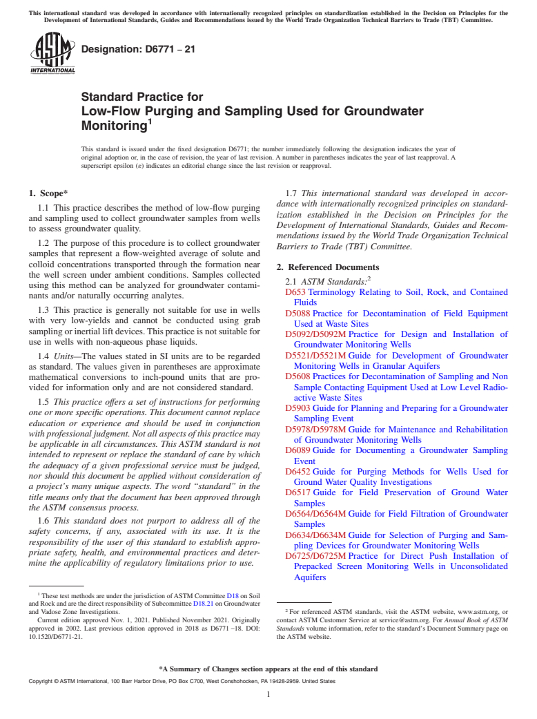 ASTM D6771-21 - Standard Practice for Low-Flow Purging and Sampling Used for Groundwater Monitoring