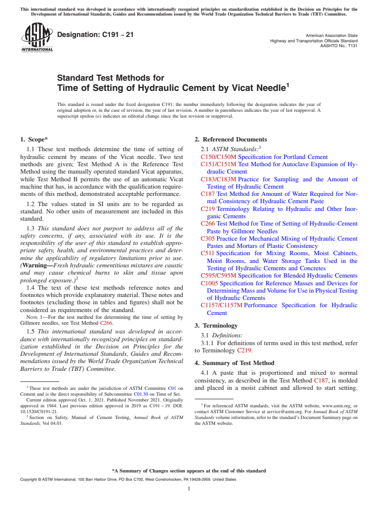 ASTM C191-21 - Standard Test Methods for Time of Setting of Hydraulic Cement by Vicat Needle
