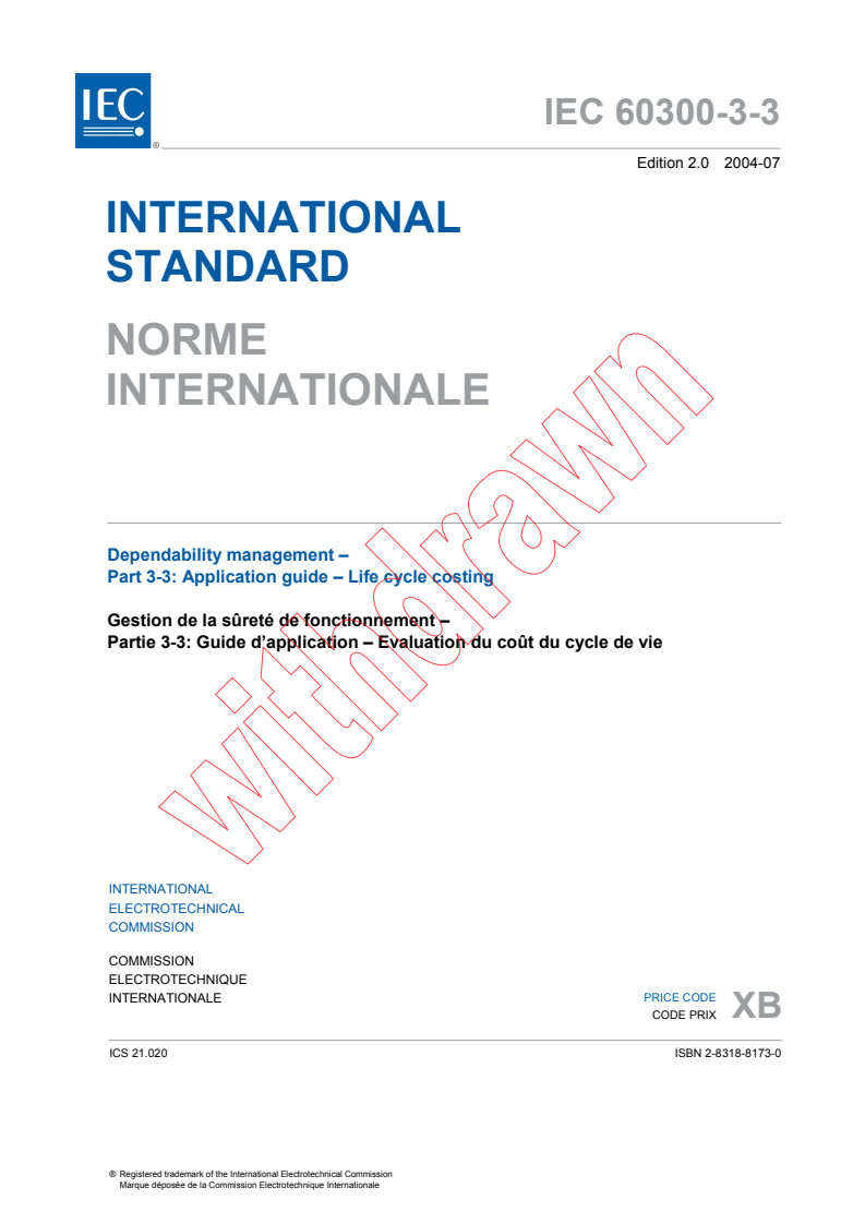 IEC 60300-3-3:2004 - Dependability management - Part 3-3: Application guide - Life cycle costing
Released:7/12/2004
Isbn:2831881730