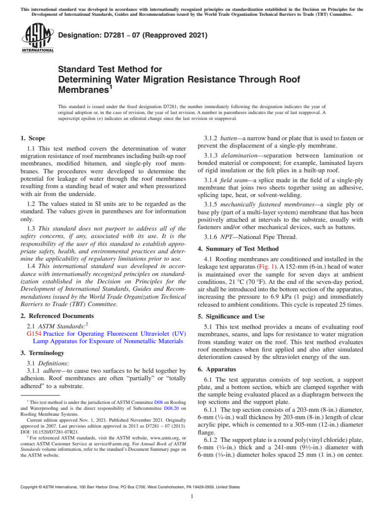 ASTM D7281-07(2021) - Standard Test Method for Determining Water Migration Resistance Through Roof Membranes