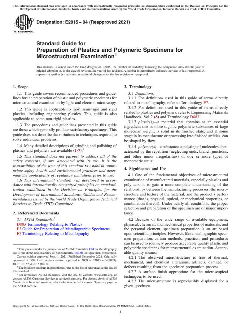 ASTM E2015-04(2021) - Standard Guide for  Preparation of Plastics and Polymeric Specimens for Microstructural  Examination