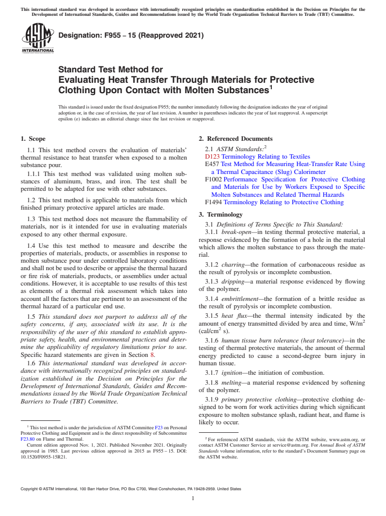 ASTM F955-15(2021) - Standard Test Method for Evaluating Heat Transfer Through Materials for Protective Clothing  Upon Contact with Molten Substances