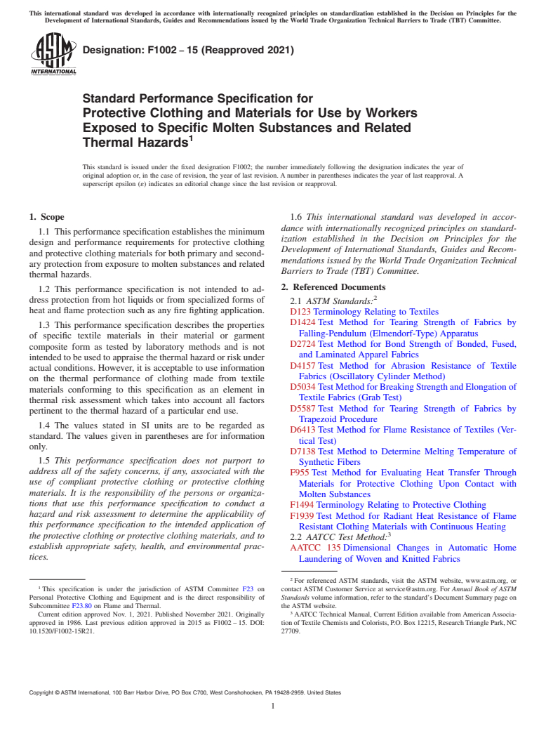 ASTM F1002-15(2021) - Standard Performance Specification for Protective Clothing and Materials for Use by Workers Exposed  to Specific Molten Substances and Related Thermal Hazards