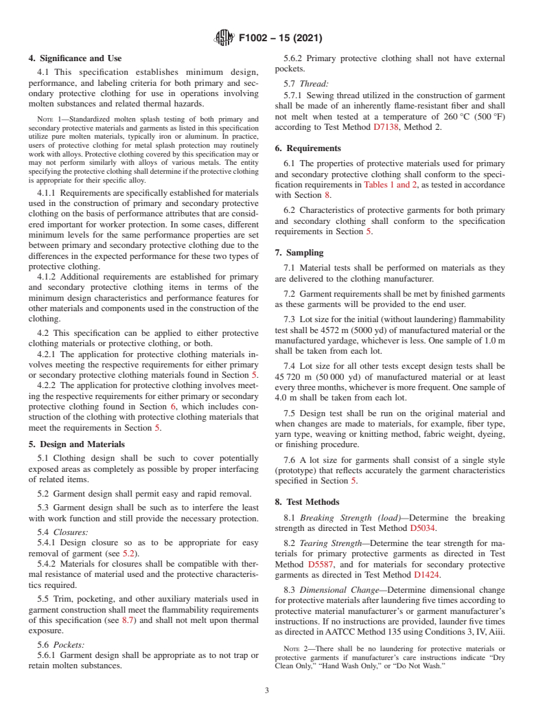 ASTM F1002-15(2021) - Standard Performance Specification for Protective Clothing and Materials for Use by Workers Exposed  to Specific Molten Substances and Related Thermal Hazards