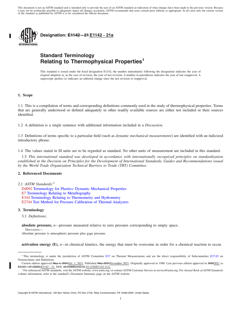 REDLINE ASTM E1142-21a - Standard Terminology  Relating to Thermophysical Properties