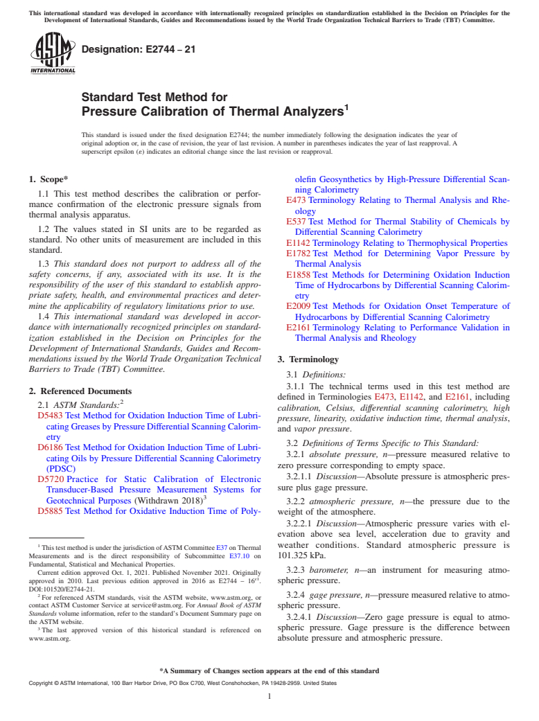 ASTM E2744-21 - Standard Test Method for  Pressure Calibration of Thermal Analyzers