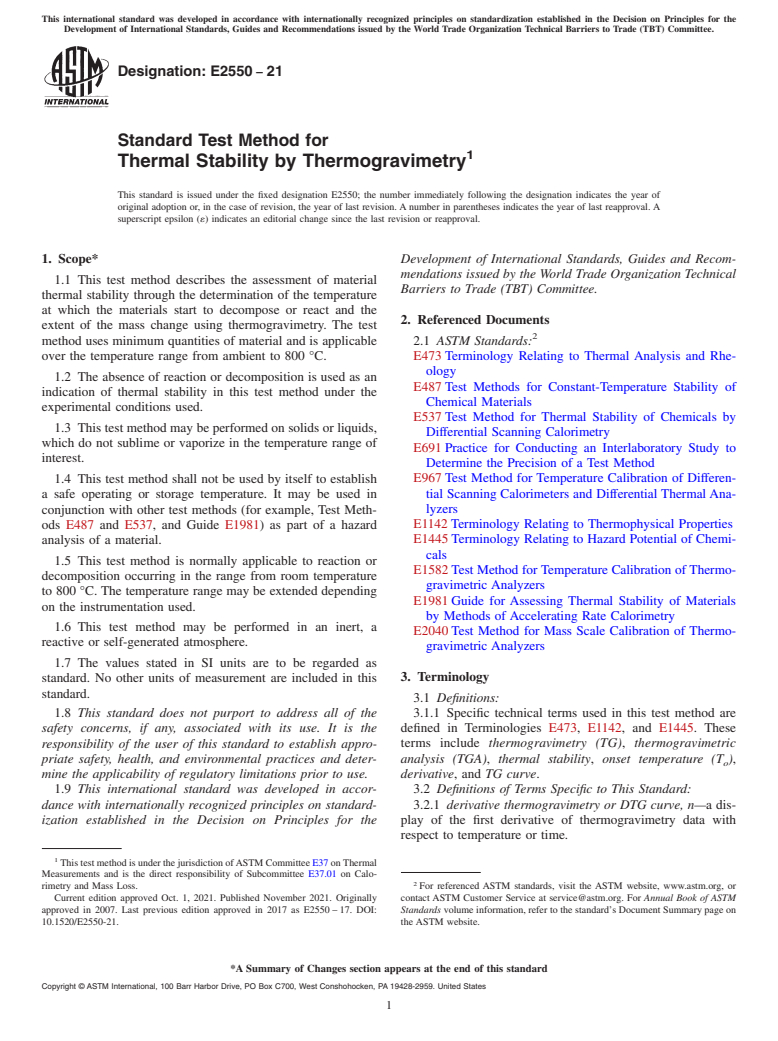 ASTM E2550-21 - Standard Test Method for  Thermal Stability by Thermogravimetry