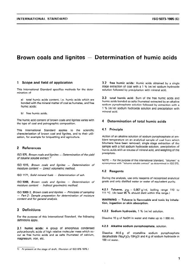 ISO 5073:1985 - Brown coals and lignites -- Determination of humic acids