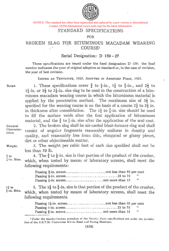 ASTM D159-27 - Specification for Crushed Stone and Crushed Slag for Bituminous Macadame Base and Surface Courses of Pavements (Withdrawn 1938)