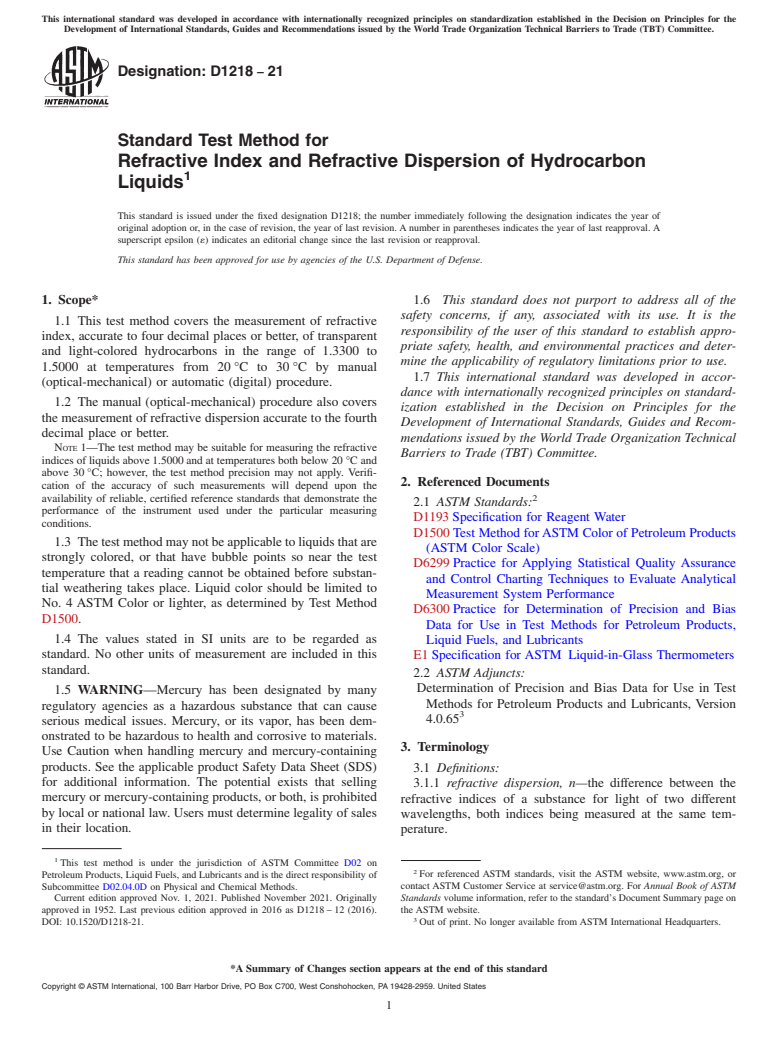 ASTM D1218-21 - Standard Test Method for Refractive Index and Refractive Dispersion of Hydrocarbon Liquids