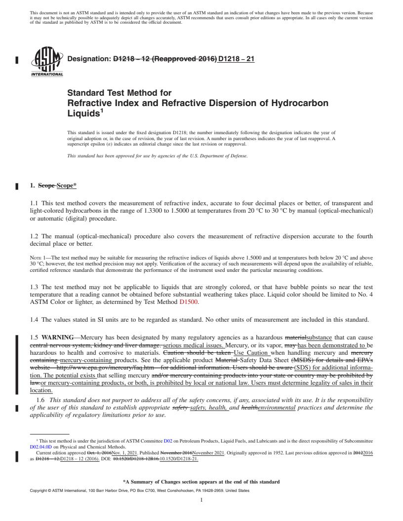 REDLINE ASTM D1218-21 - Standard Test Method for Refractive Index and Refractive Dispersion of Hydrocarbon Liquids