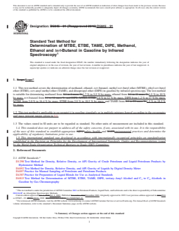 ASTM D5845-21 REDLINE ASTM D5845-21 - Standard Test Method for Determination of MTBE, ETBE, TAME, DIPE, Methanol, Ethanol and <emph type="ital">tert</emph>-Butanol in Gasoline by Infrared Spectroscopy - Page 1 preview