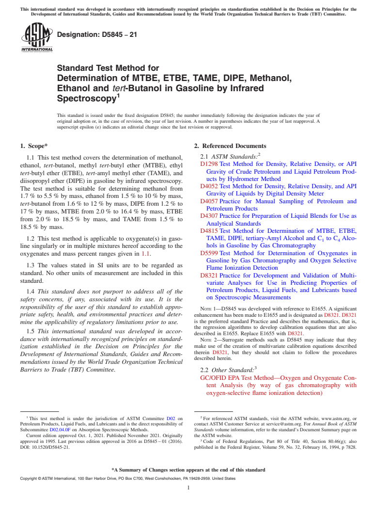 ASTM D5845-21 - Standard Test Method for  Determination of MTBE, ETBE, TAME, DIPE, Methanol, Ethanol   and  <emph type="ital">tert</emph>-Butanol in Gasoline by Infrared   Spectroscopy