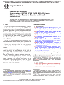 ASTM D5845-21 ASTM D5845-21 - Standard Test Method for Determination of MTBE, ETBE, TAME, DIPE, Methanol, Ethanol and <emph type="ital">tert</emph>-Butanol in Gasoline by Infrared Spectroscopy - Page 1 preview